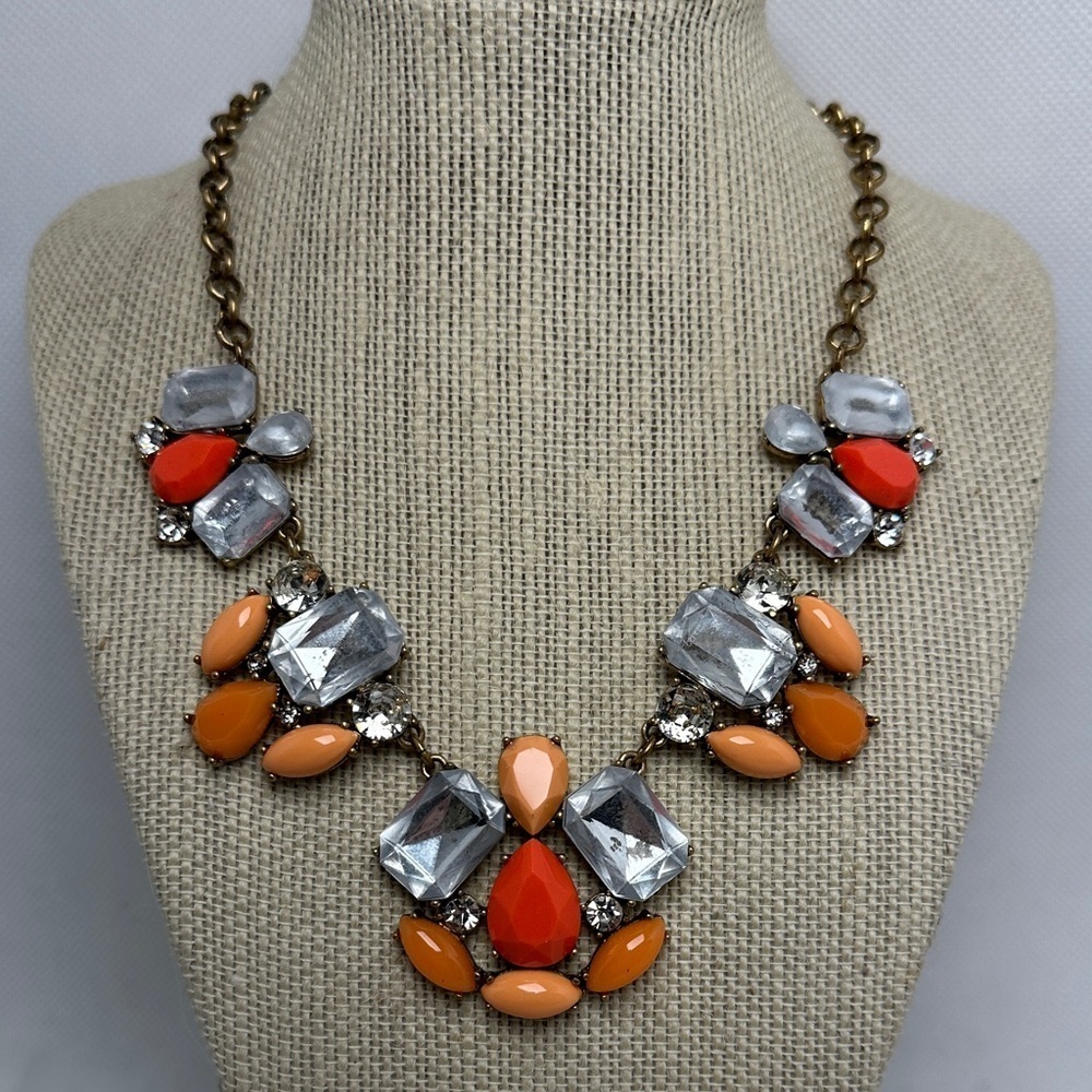 J.Crew Orange and Silver Gemstone Statement Necklace – 19” Long